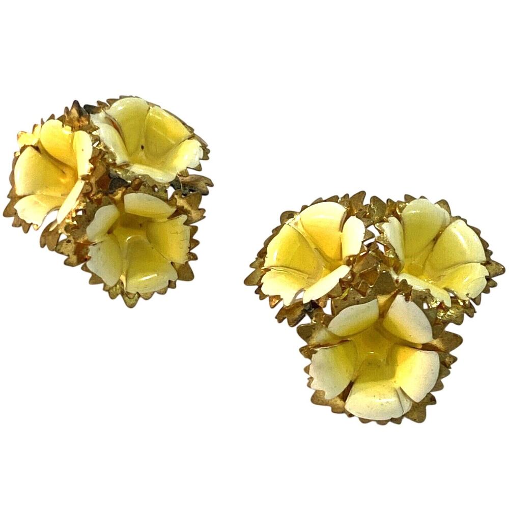 Vintage clip on earrings unique yellow enamel flowers trio flirty mid century